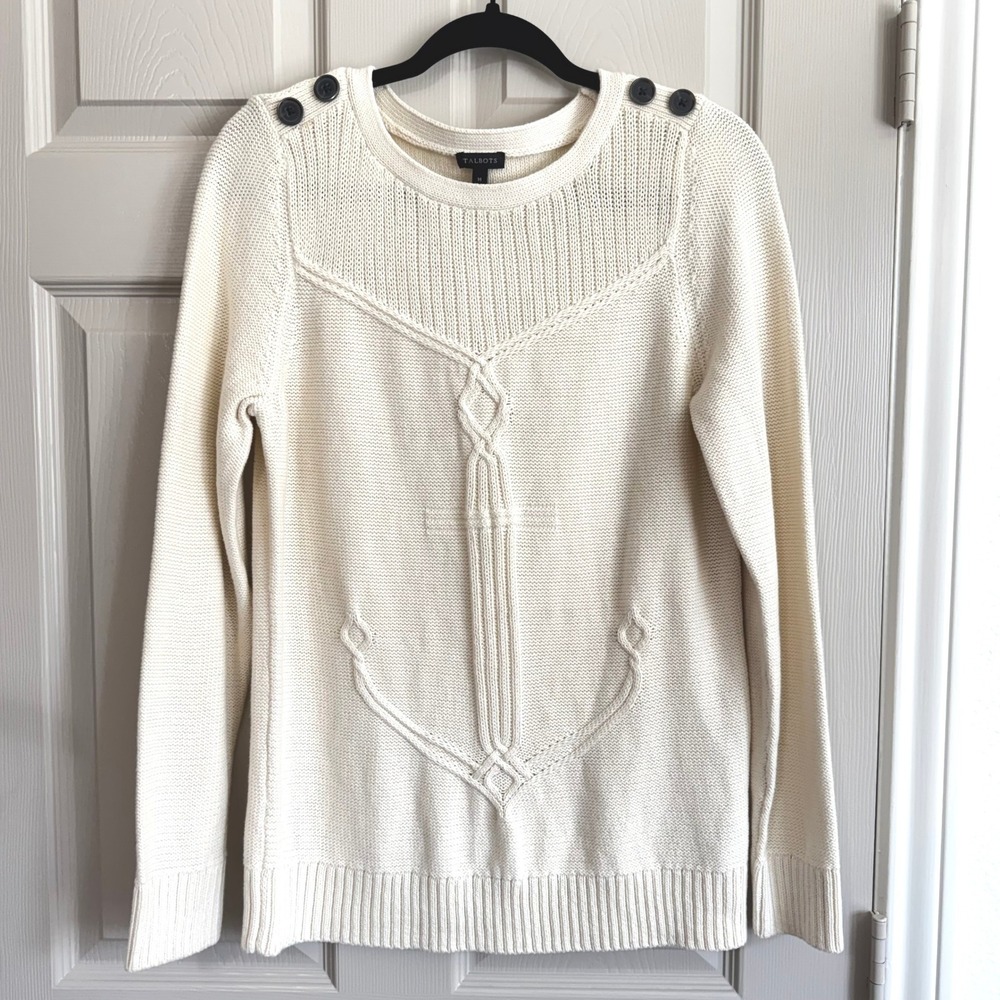 Talbots Womens Medium Ivory Cotton Nautical Anchor Cable Knit Sweater Boat New